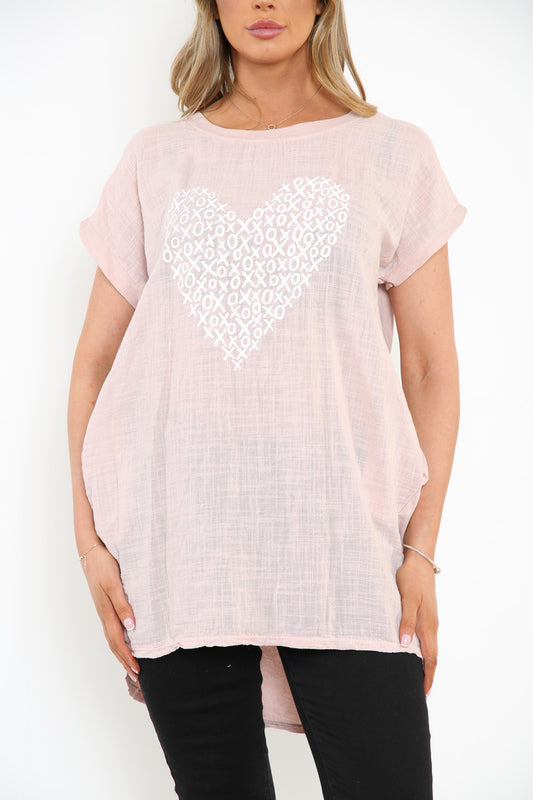 Ladies XO Heart Graphic Top Dusty Pink