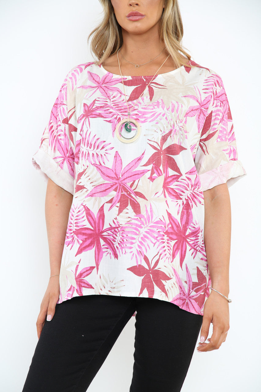 Damesbladprint top Cerise