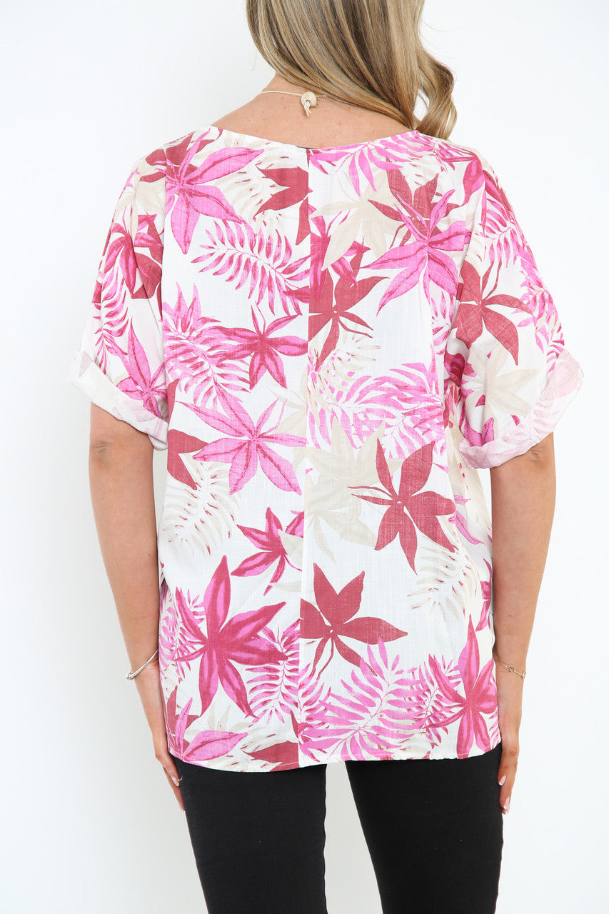Damesbladprint top Cerise