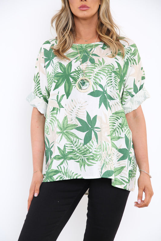 Ladies Leaf Print Top Green