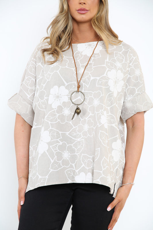 Ladies Floral Outline Print Top Stone