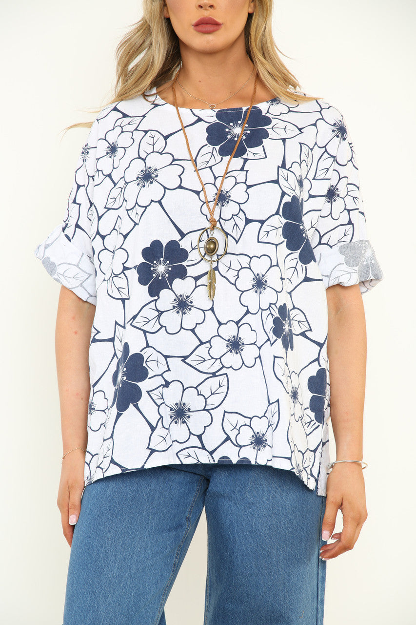 Dames Top met Gebloemde Contourprint Wit