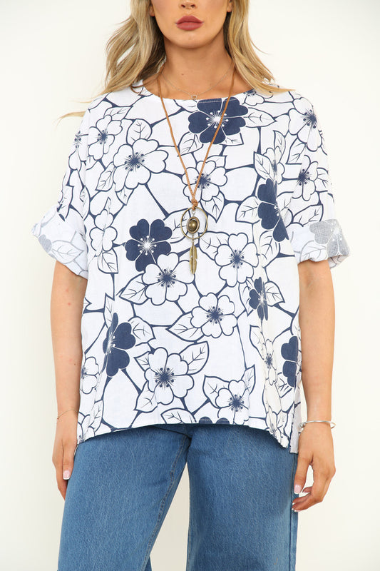 Ladies Floral Outline Print Top White