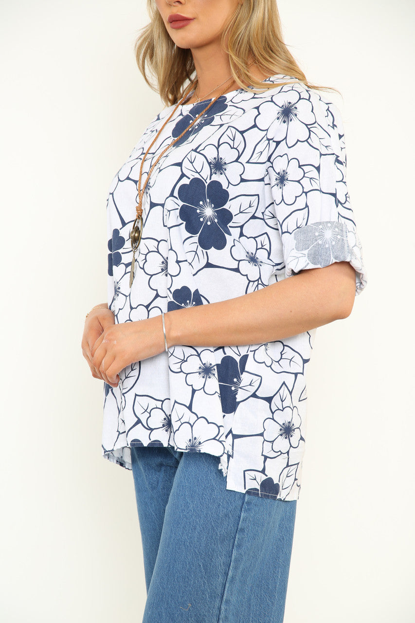 Dames Top met Gebloemde Contourprint Wit