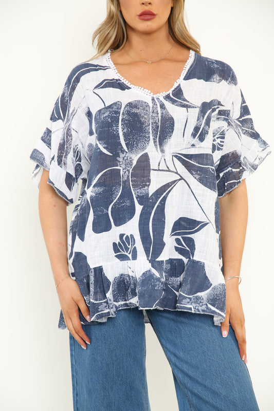 Ladies Floral Print Top With Frill Hem White