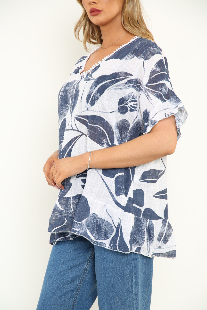 Ladies Floral Print Top With Frill Hem White