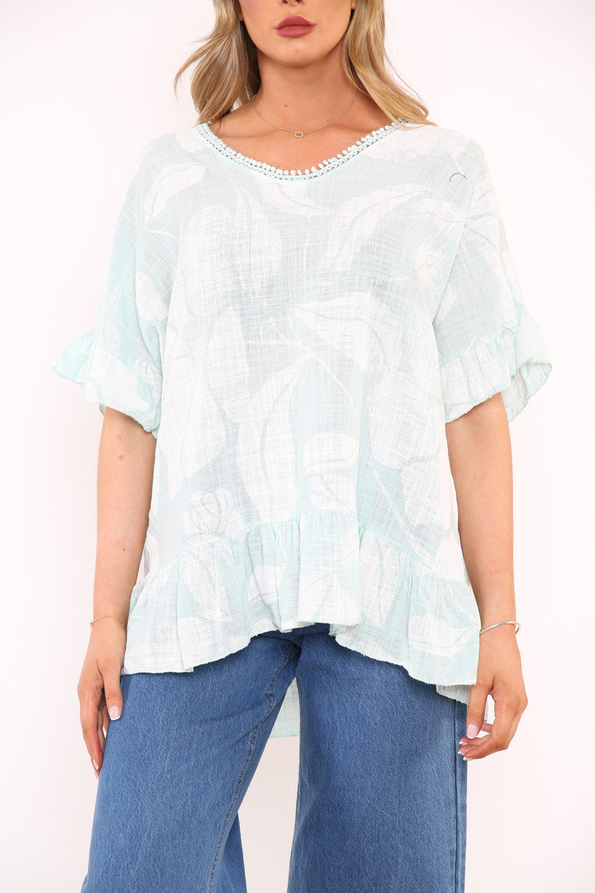 Ladies Floral Print Top With Frill Hem Mint