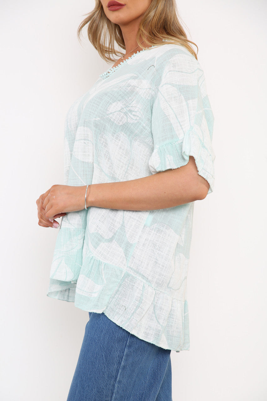 Ladies Floral Print Top With Frill Hem Mint