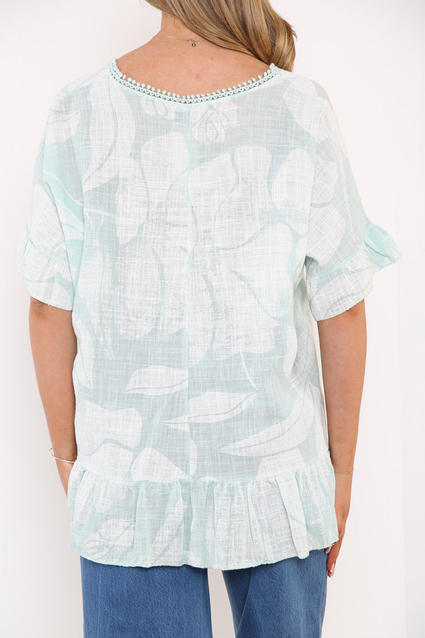 Ladies Floral Print Top With Frill Hem Mint