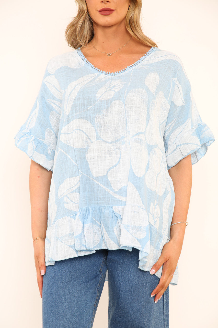 Ladies Floral Print Top With Frill Hem Sky Blue