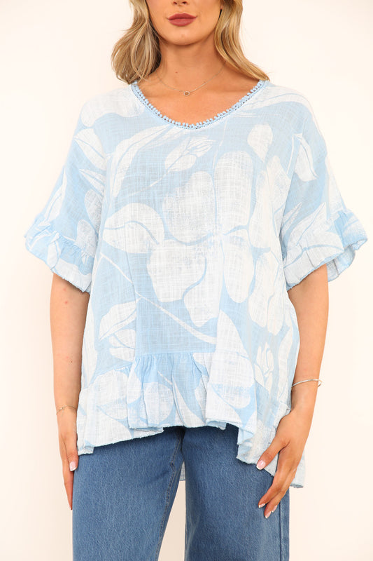 Dames Bloemenprint Top Met Ruches Zoom Hemelsblauw