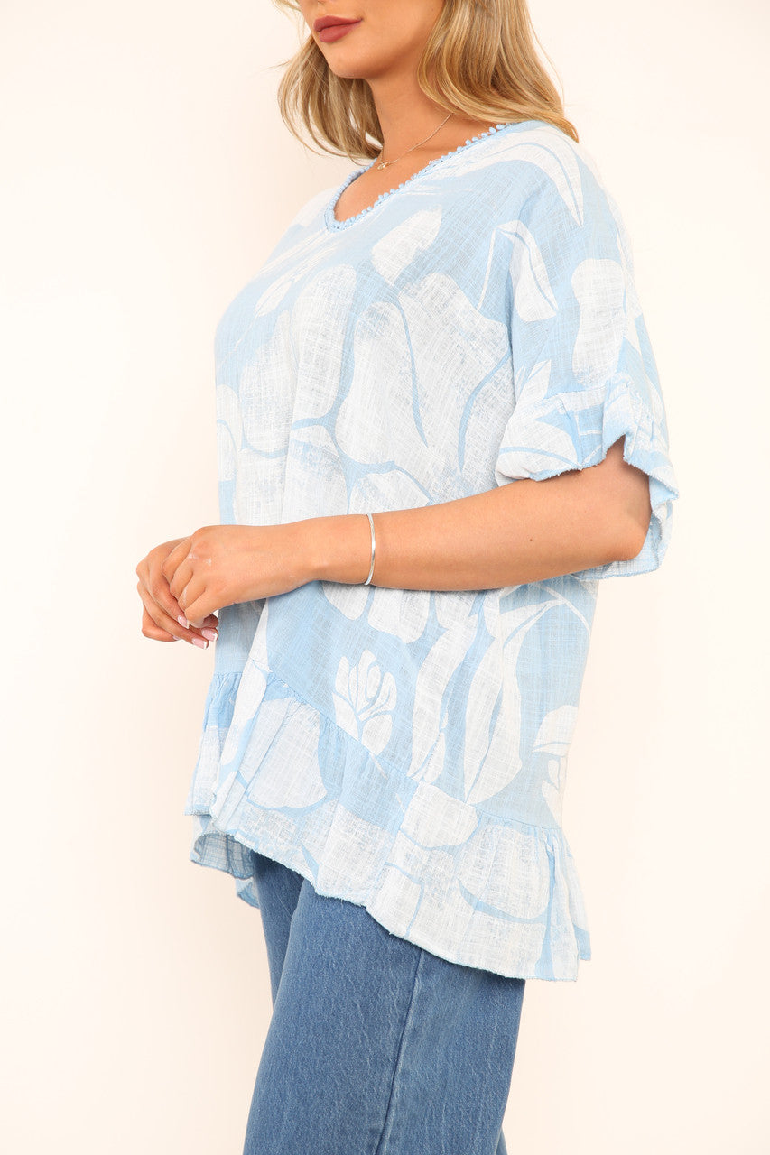 Ladies Floral Print Top With Frill Hem Sky Blue
