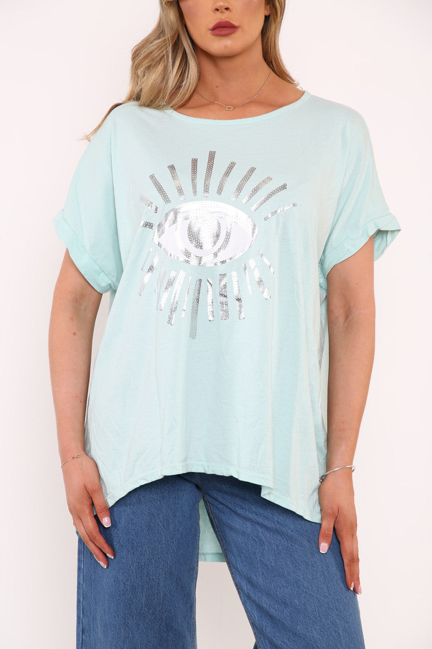Dames Folie Oog Graphic Top Hemelsblauw