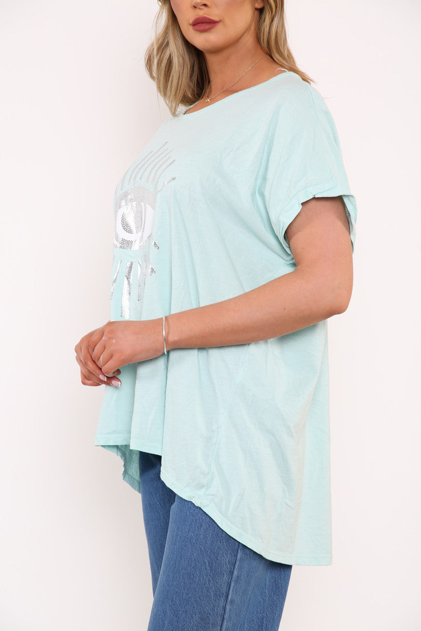 Dames Folie Oog Graphic Top Hemelsblauw