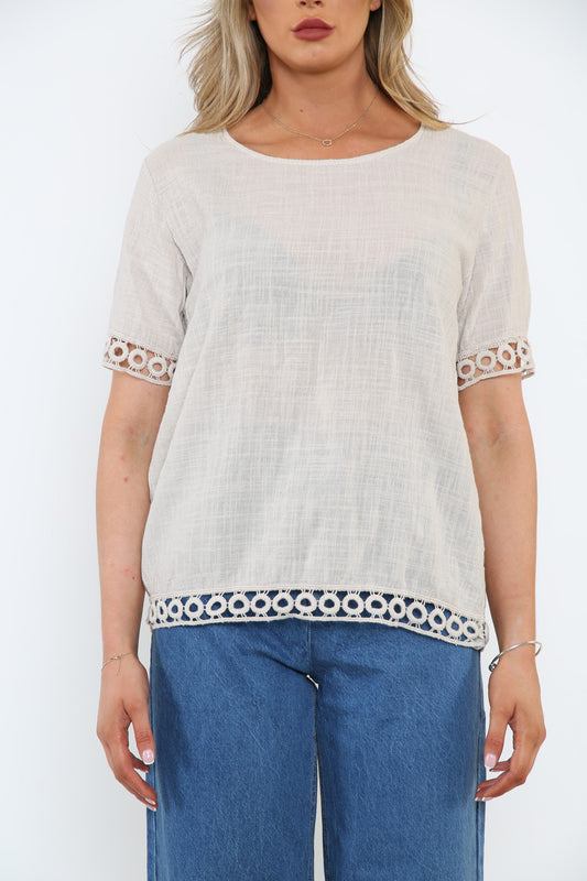 Ladies Crochet Hem Detail Top Stone