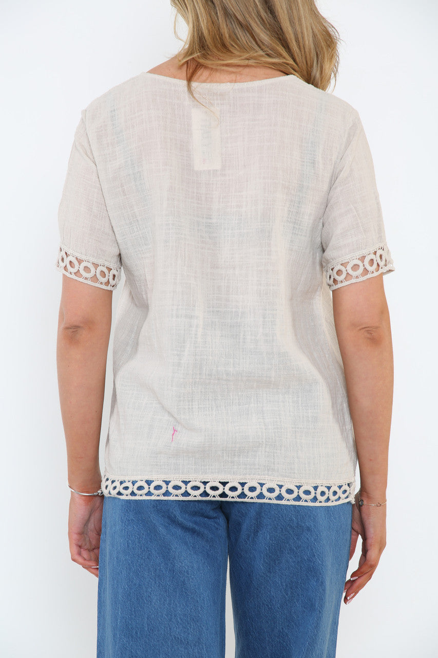 Ladies Crochet Hem Detail Top Stone