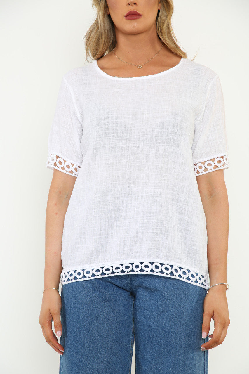 Ladies Crochet Hem Detail Top White