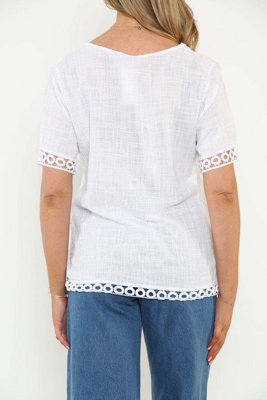 Ladies Crochet Hem Detail Top White