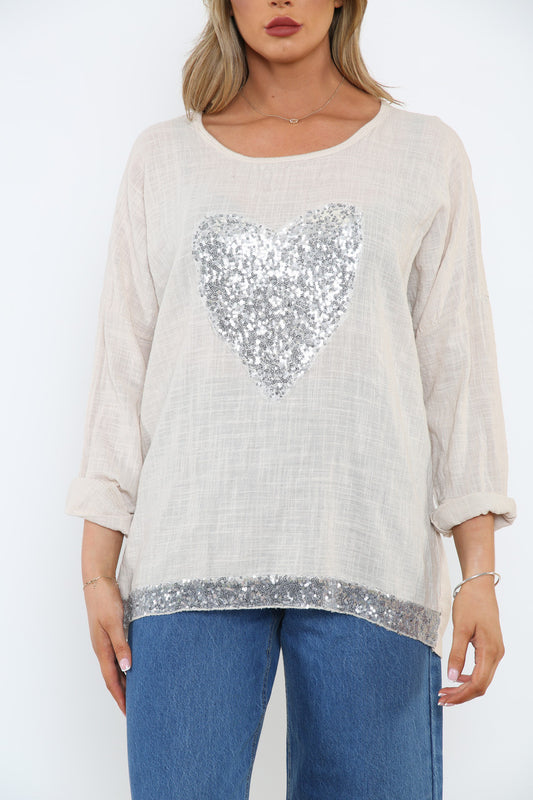 Ladies Sequin Heart & Border Roll Sleeve Top Stone