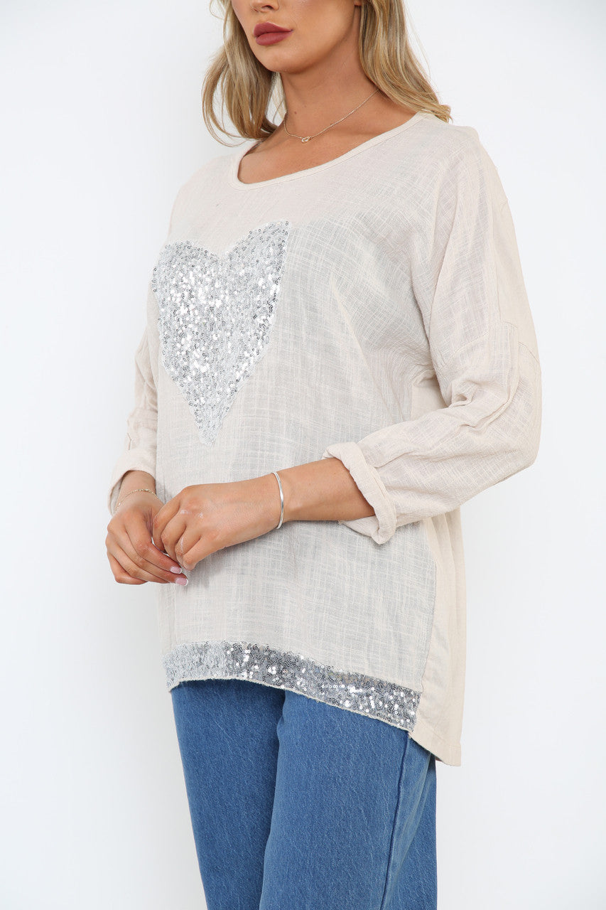 Ladies Sequin Heart & Border Roll Sleeve Top Stone