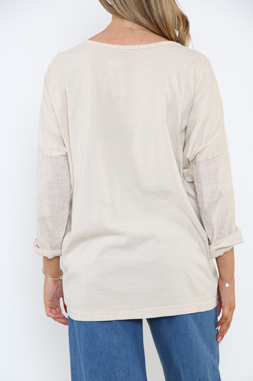 Ladies Sequin Heart & Border Roll Sleeve Top Stone