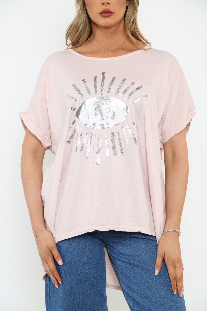 Ladies Foil Eye Graphic Top Dusty Pink