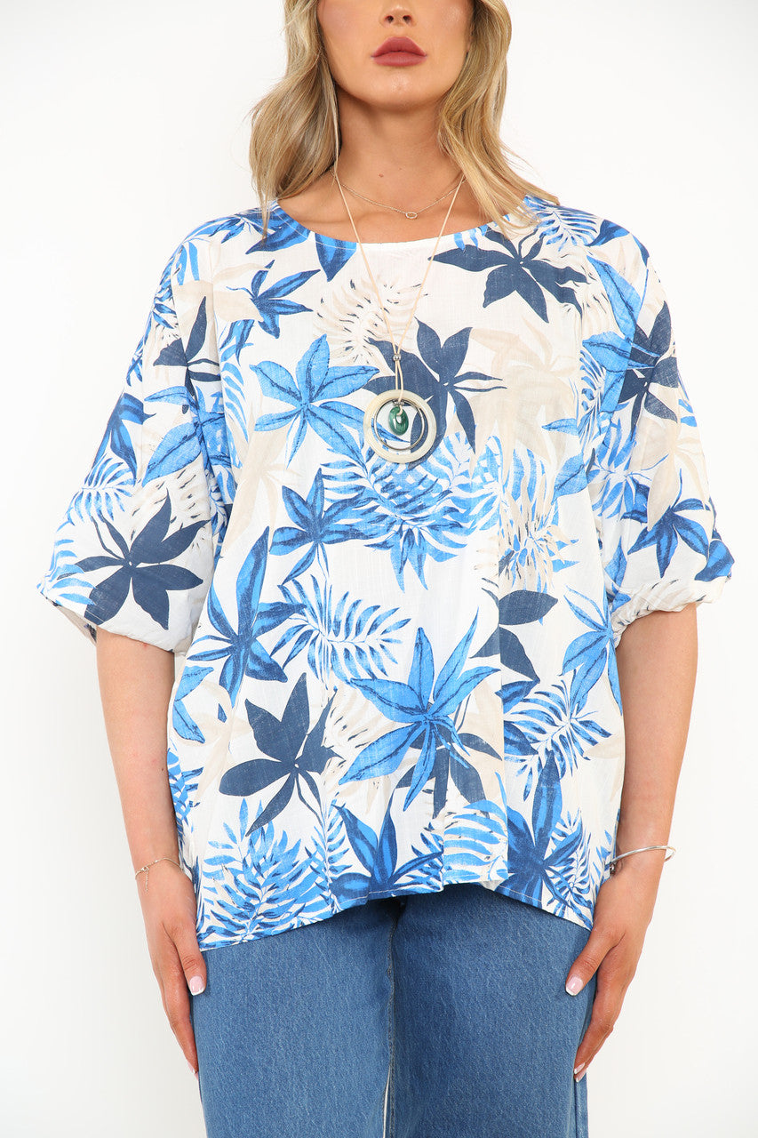 Ladies Leaf Print Top Royal Blue