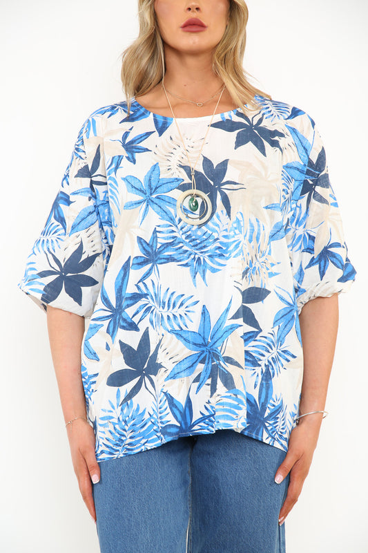 Ladies Leaf Print Top Royal Blue