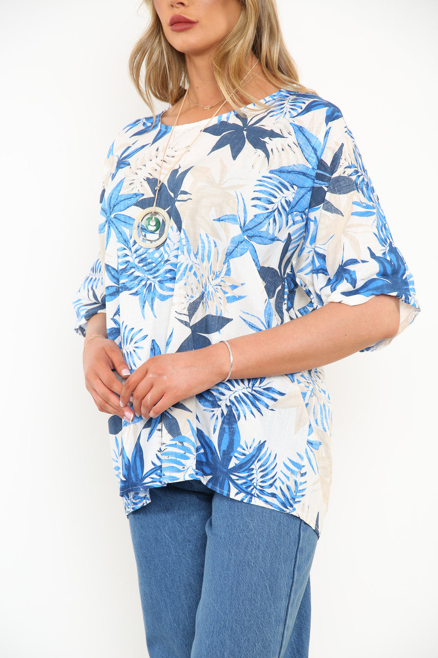 Ladies Leaf Print Top Royal Blue