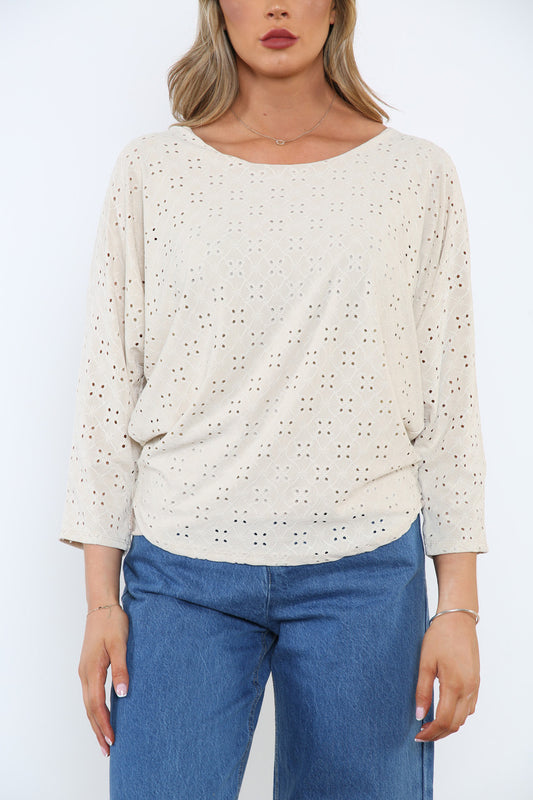 Ladies Broderie Anglaise Top Stone