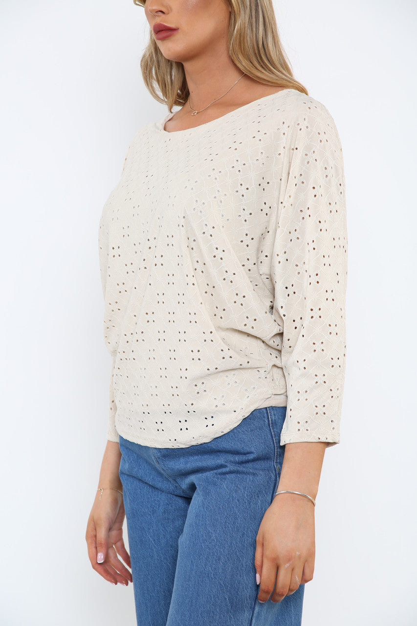 Ladies Broderie Anglaise Top Stone
