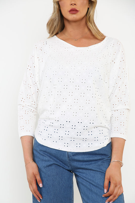 Ladies Broderie Anglaise Top White