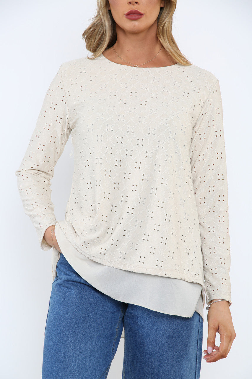 Dames Broderie Anglaise Top met Strikdetail op de Rug Steen