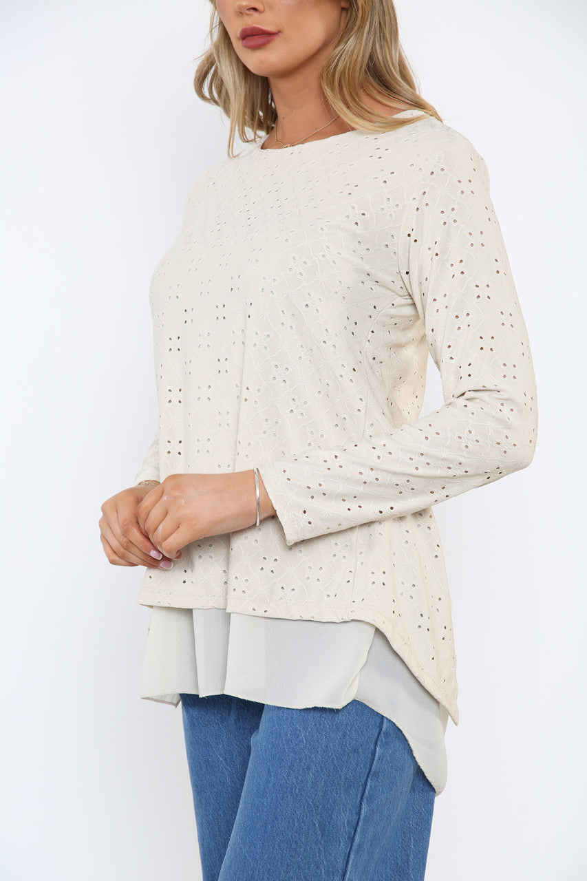 Dames Broderie Anglaise Top met Strikdetail op de Rug Steen