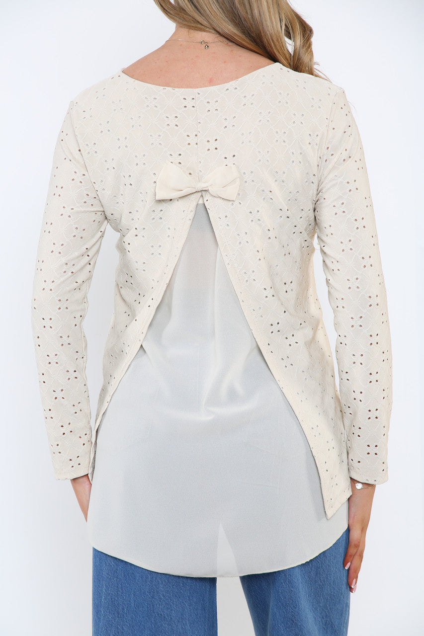 Dames Broderie Anglaise Top met Strikdetail op de Rug Steen