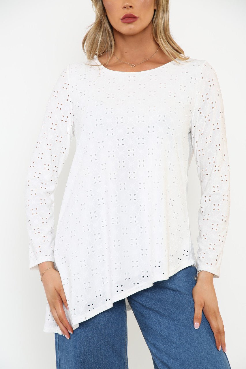 Ladies Diagonal Hemline Broderie Anglaise Top White
