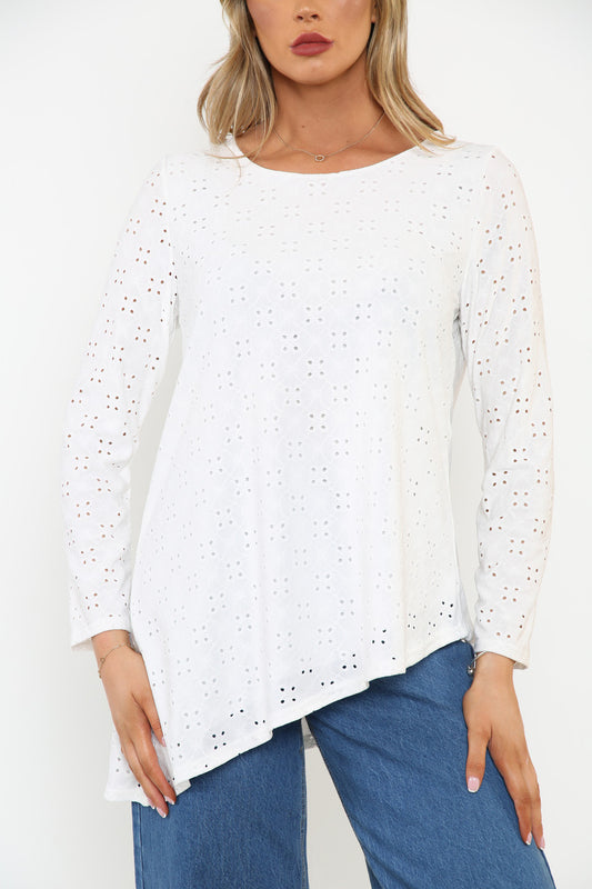 Ladies Diagonal Hemline Broderie Anglaise Top White