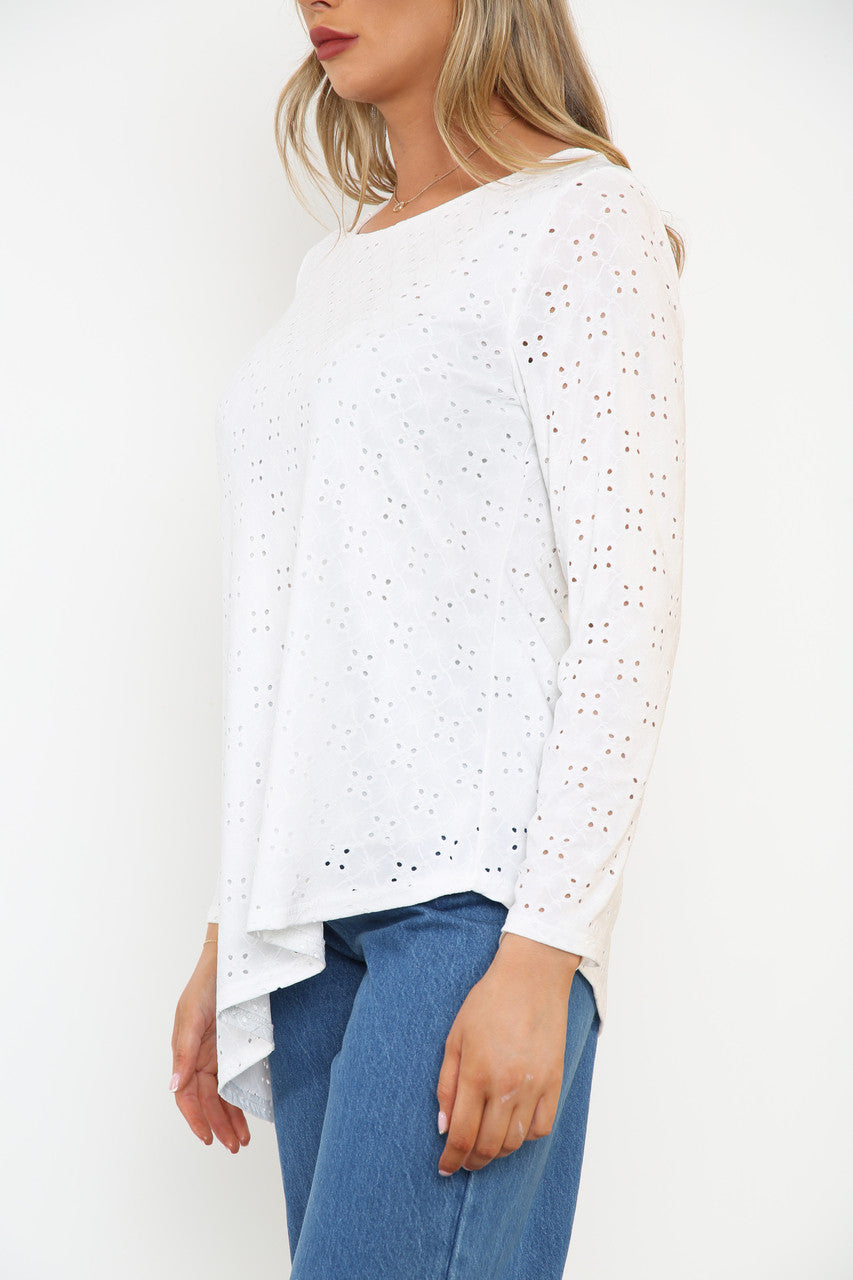 Ladies Diagonal Hemline Broderie Anglaise Top White