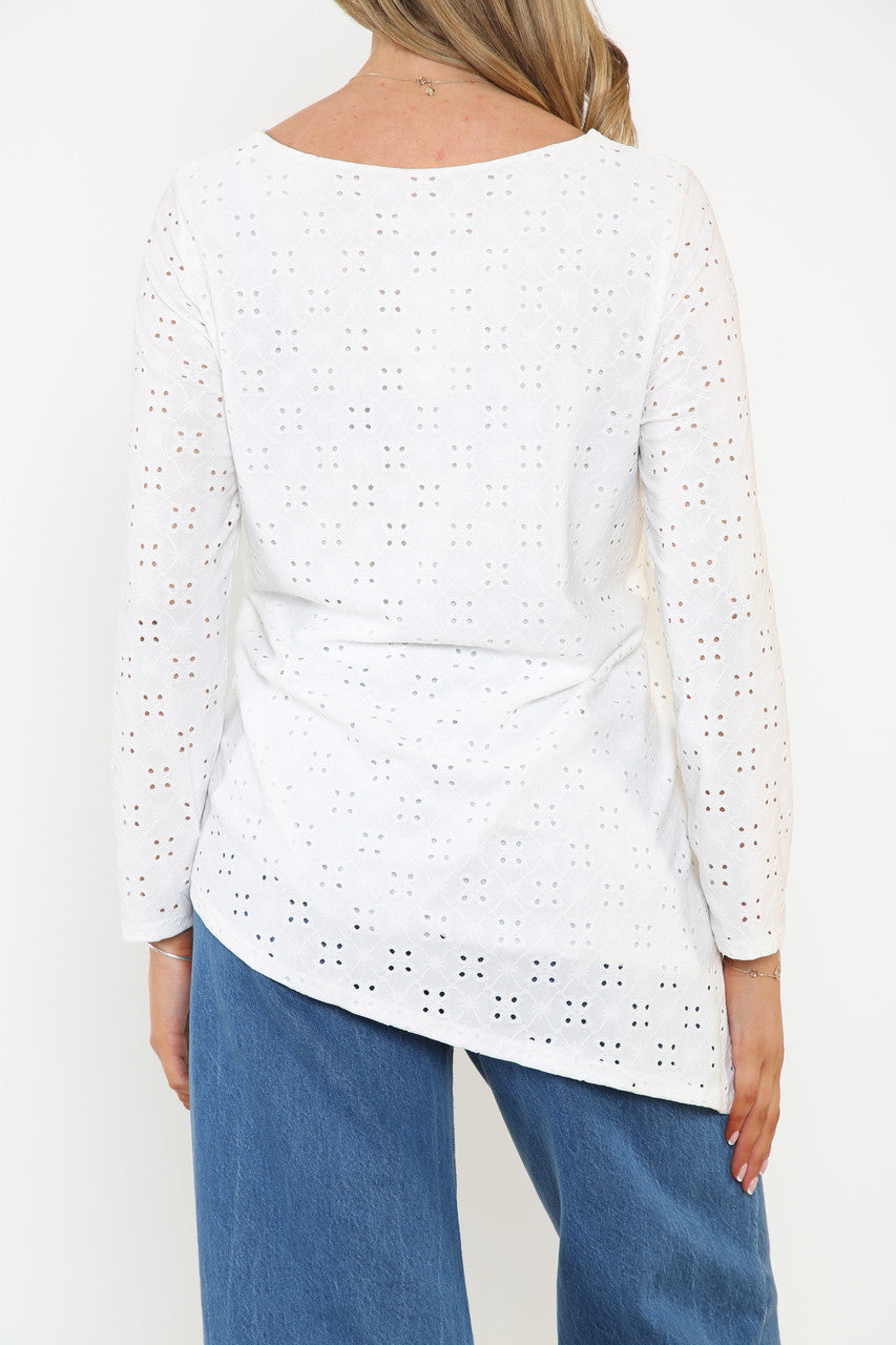 Ladies Diagonal Hemline Broderie Anglaise Top White
