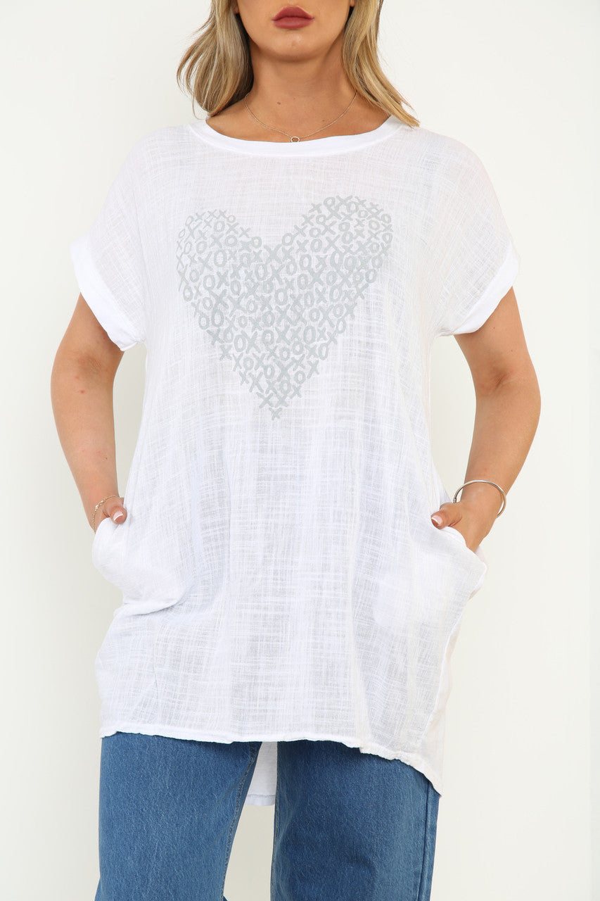Dames Top Met Grafische Hartprint Wit