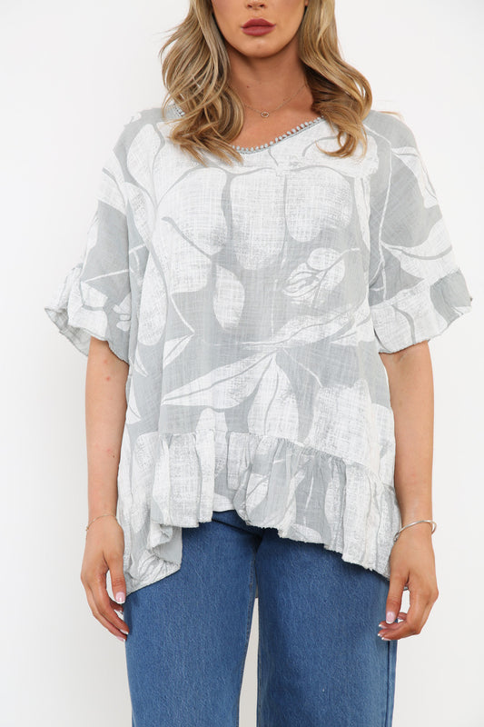 Ladies Floral Print Top With Frill Hem Silver