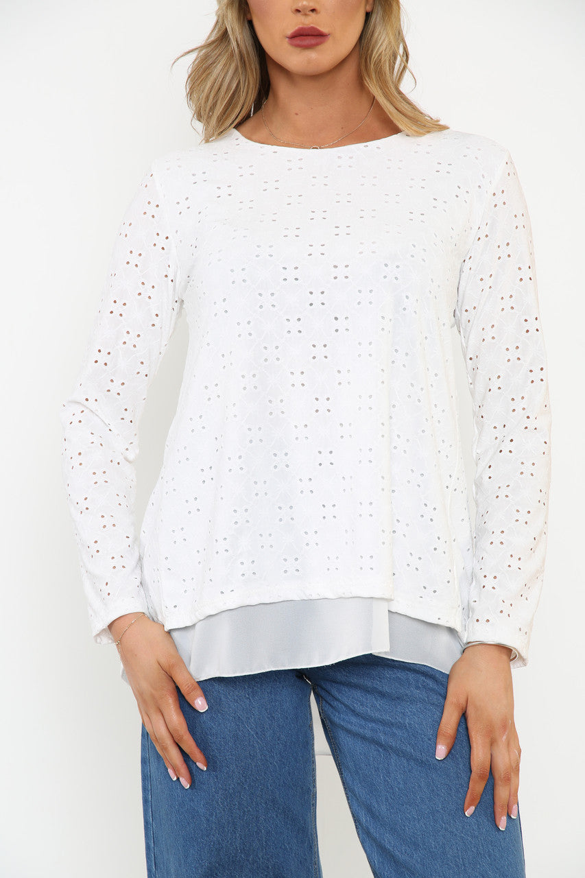 Ladies Bow Back Detail Broderie Anglaise Top White