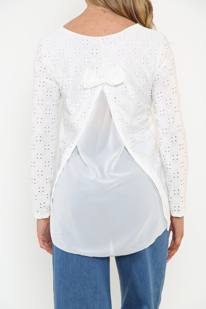 Ladies Bow Back Detail Broderie Anglaise Top White
