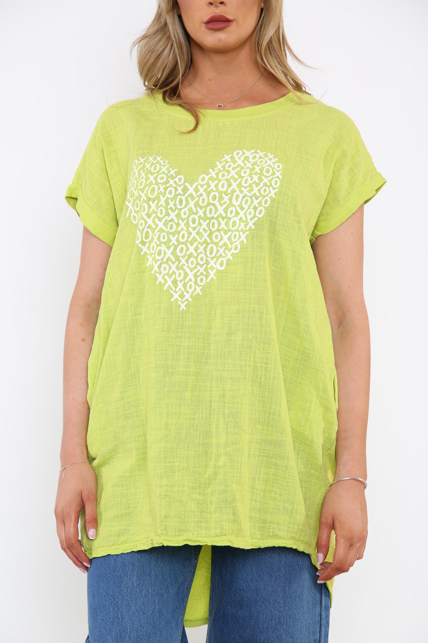 Ladies XO Heart Graphic Top Lime