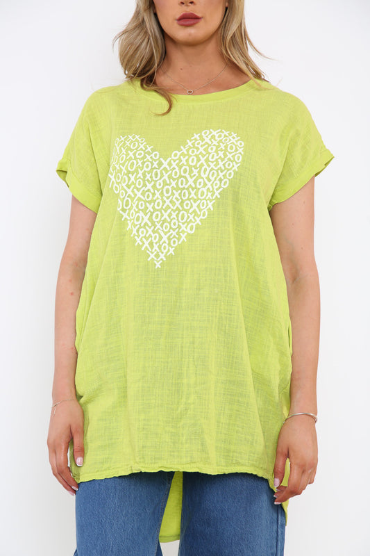 Ladies XO Heart Graphic Top Lime