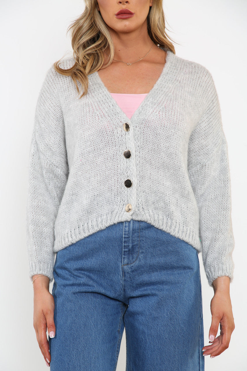 Ladies Fluffy Knitted Button Front Cardigan Silver
