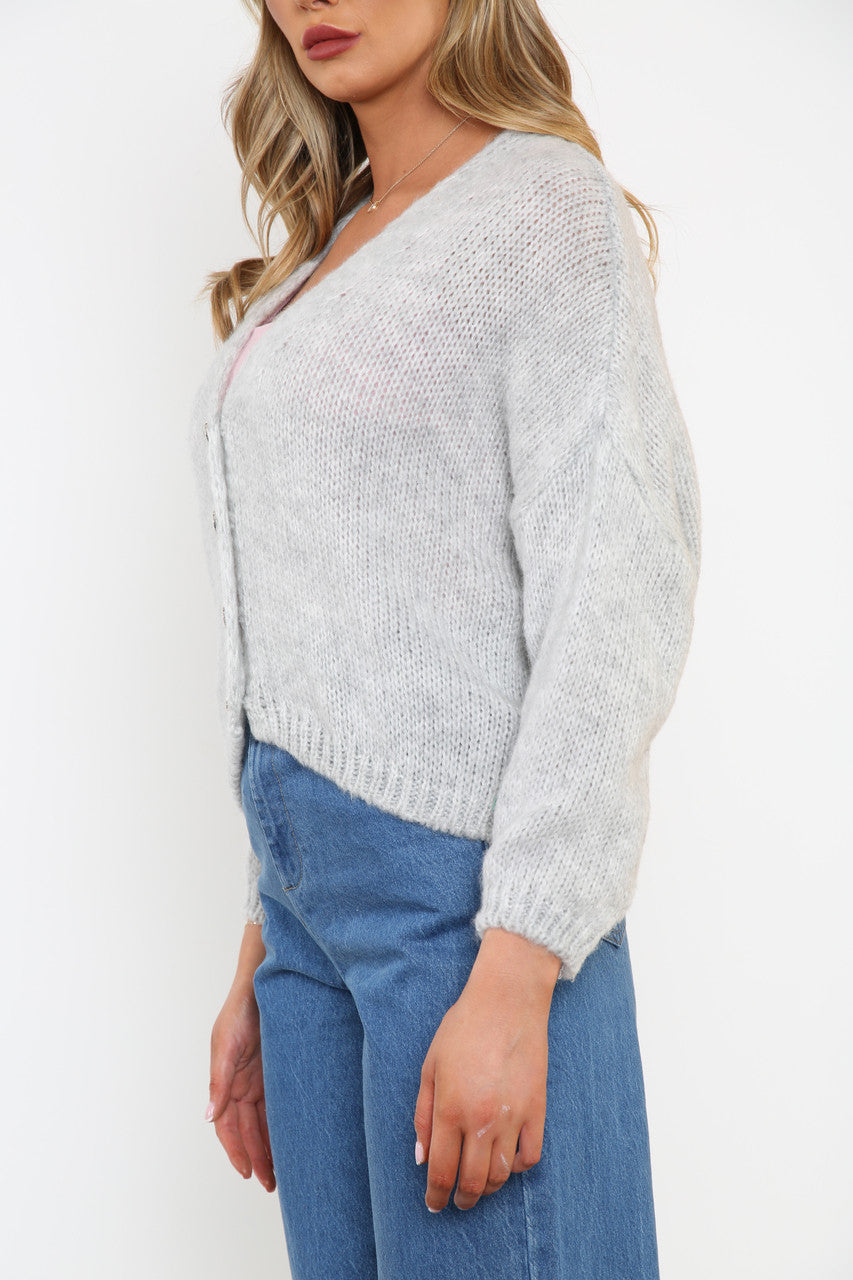 Ladies Fluffy Knitted Button Front Cardigan Silver