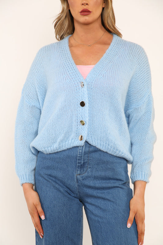 Ladies Fluffy Knitted Button Front Cardigan Sky Blue