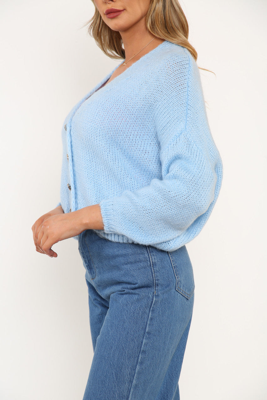 Ladies Fluffy Knitted Button Front Cardigan Sky Blue