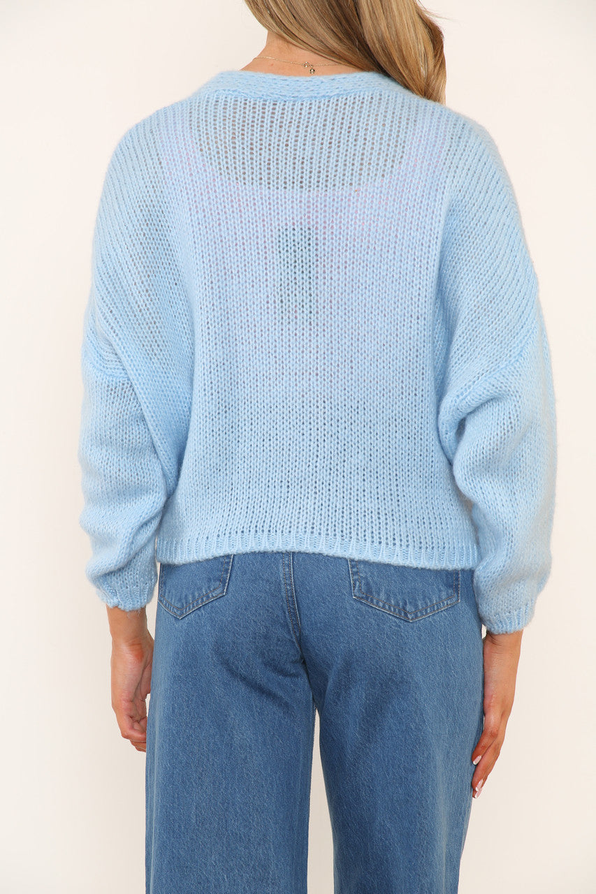 Ladies Fluffy Knitted Button Front Cardigan Sky Blue